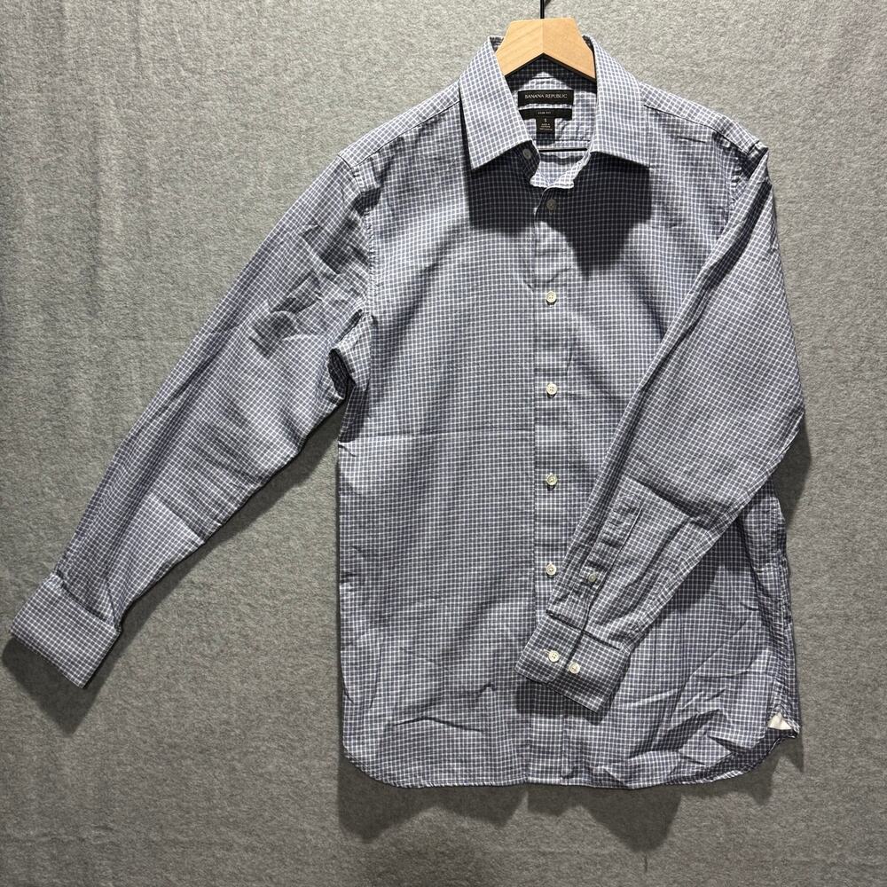 Banana Republic Mens S Slim Fit Blue Plaid Dress Shirt 100% Cotton Long Sleeve